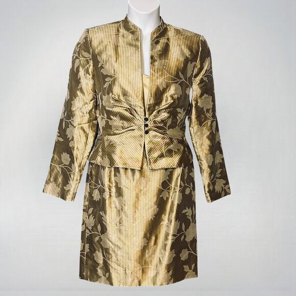 Vintage 90s Kay Unger NY Silk Skirt Suit Size 14 3pc Set Champagne Gold Brocade - Picture 2 of 13